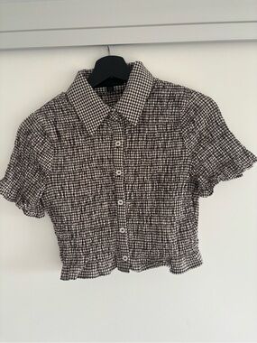 Black Checkered Short-Sleeve front button Top by Zara
